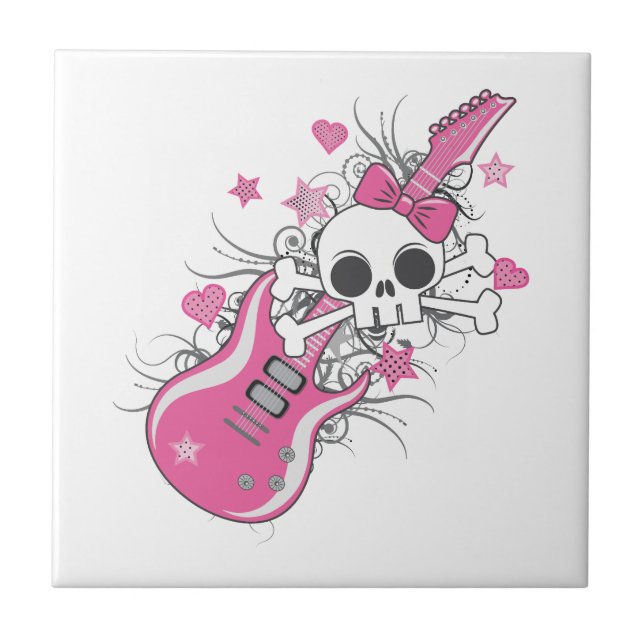 Cute Skull with Pink Guitar Tile (Front)
