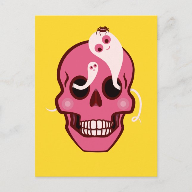 Cute Skull With Spider And Ghosts In Eye Sockets Postcard (Front)