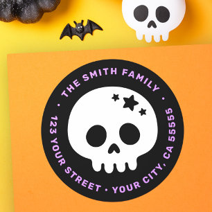 Cute skull with stars black purple return address classic round sticker