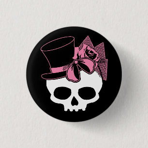 Cute Skull With Top Hat Rose Pink Bow Button