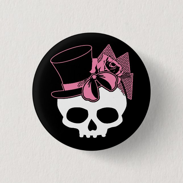Cute Skull With Top Hat Rose Pink Bow Button (Front)