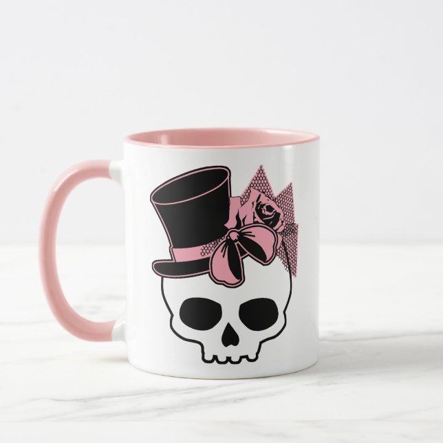 Cute Skull With Top Hat Rose Pink Bow Mug (Left)