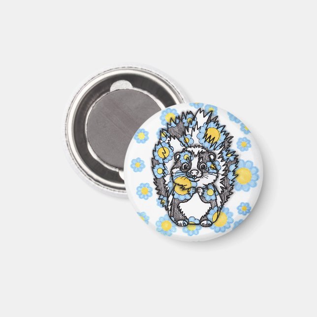 Cute Skunk with Blue Flowers Round Fridge Magnet (Front/Back)