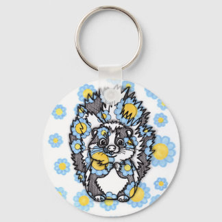 Cute Skunk with Blue Flowers Round Keychain