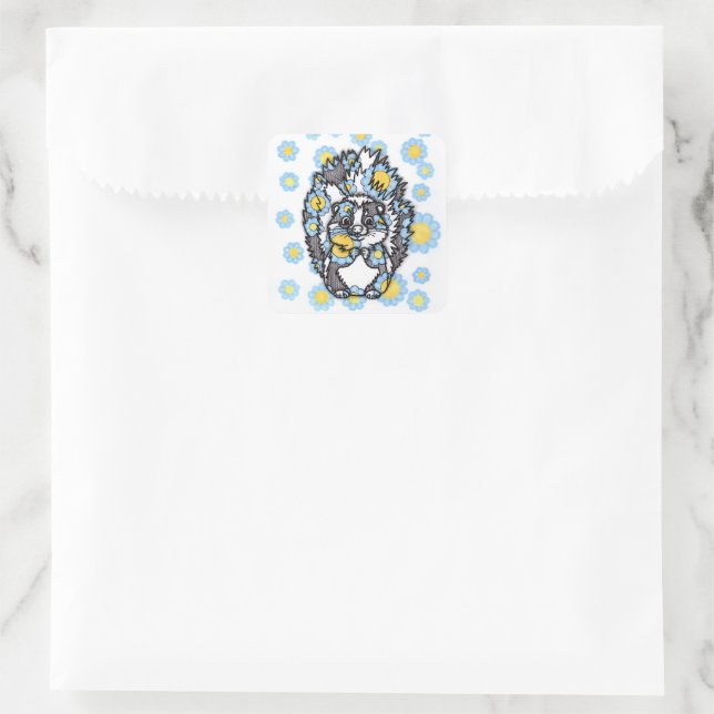 Cute Skunk with Blue Flowers Square Sticker (Bag)