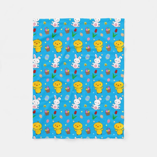 Cute sky blue chick bunny egg basket easter fleece blanket (Front)