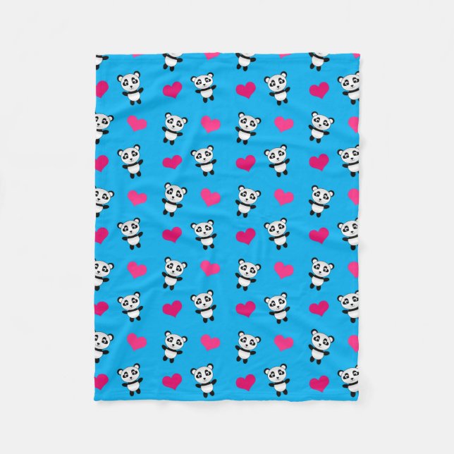 Cute sky blue panda hearts pattern fleece blanket (Front)