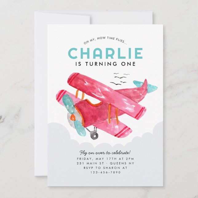 Cute Sky Cloud Watercolor Red Aeroplane Birthday Invitation (Front)