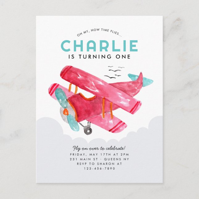 Cute Sky Cloud Watercolor Red Aeroplane Birthday Postcard (Front)