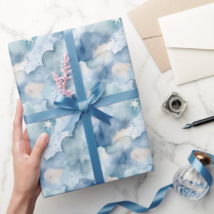 Cute Sky Star Watercolor Blue White Wrapping Paper