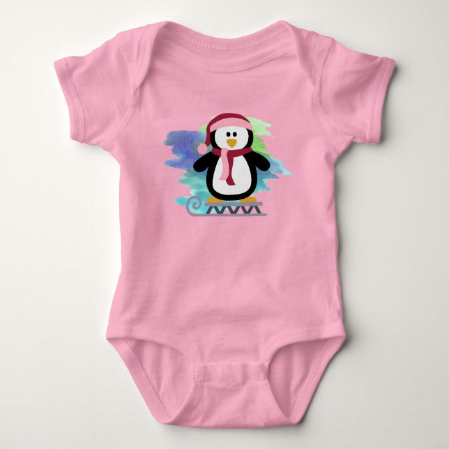 Cute Sled Penguin Abstract Baby Bodysuit (Front)