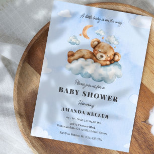 Cute Sleeping Baby Bear Blue Cloud Baby Shower Invitation