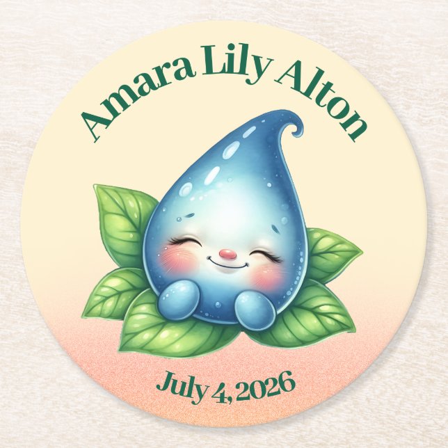 Cute Sleeping Baby Dewdrop Baby Shower Round Paper Coaster (Front)