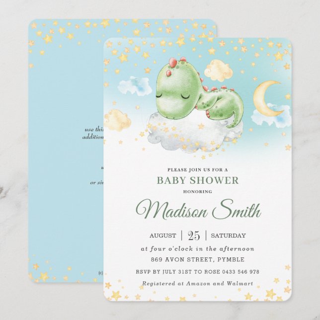 Cute Sleeping Baby Dinosaur Boy Baby Shower   Invitation (Front/Back)