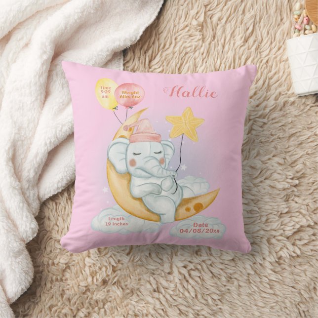 Cute Sleeping Baby Elephant Birth Stats Pink Cushion (Blanket)