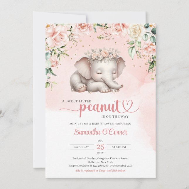 Cute sleeping baby elephant blush floral girl invitation (Front)