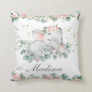 Cute Sleeping Baby Elephant Pink Floral Greenery Cushion
