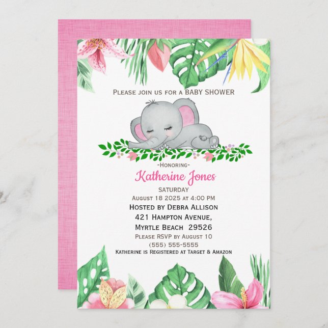 Cute Sleeping Baby Elephant Tropical Flowers   Invitation (Front/Back)