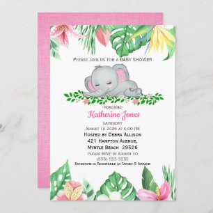 Cute Sleeping Baby Elephant Tropical Flowers Invitation