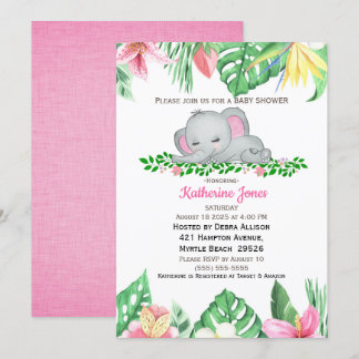 Cute Sleeping Baby Elephant Tropical Flowers Invitation