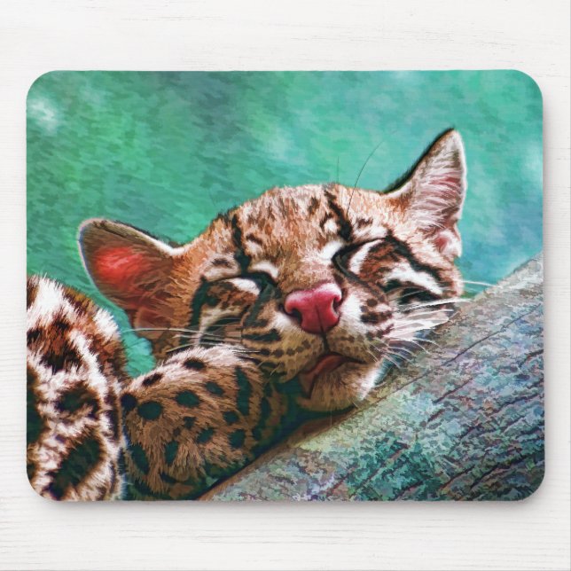 Cute Sleeping Baby Ocelot Kitten Mouse Mat (Front)
