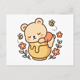 Cute Sleeping Bear Honey Pot Kawaii Design Holiday Postcard
