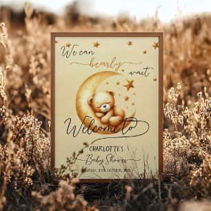 Cute Sleeping Bear On Moon Baby Shower Welcome Poster