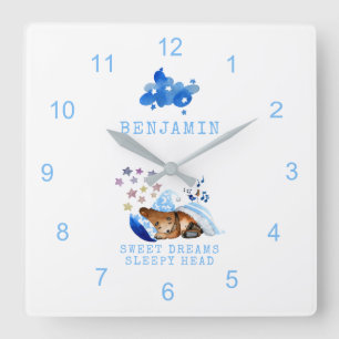 Cute Sleeping Bear Sweet Dreams Sleepy Head Boy Square Wall Clock