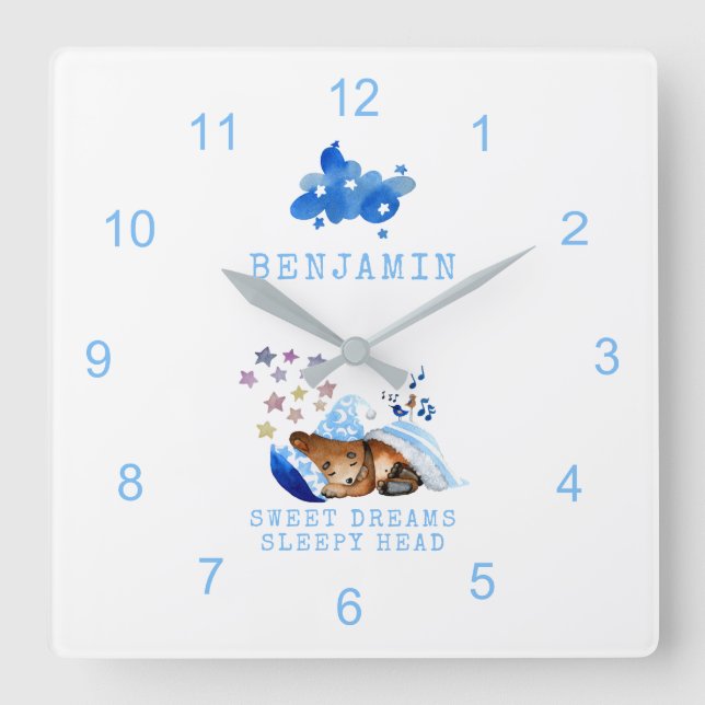 Cute Sleeping Bear Sweet Dreams Sleepy Head Boy Square Wall Clock (Front)