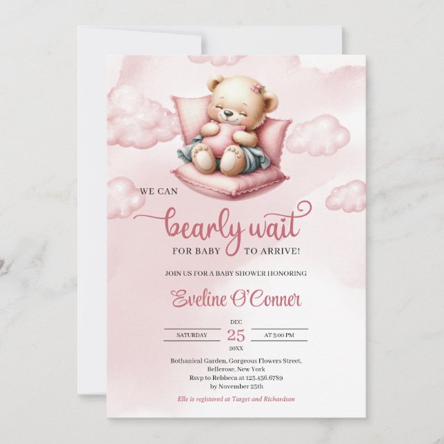 Cute sleeping bear we can bearly wait for baby invitation (Front)