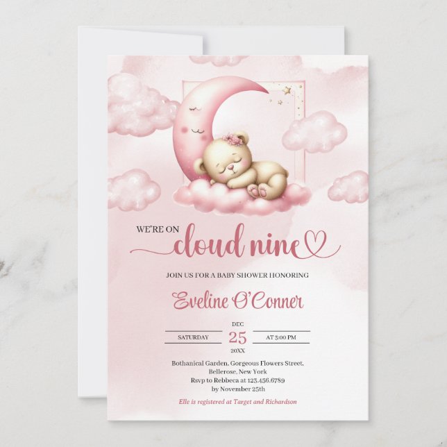 Cute sleeping bear we're on cloud nine invitation (Front)
