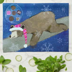 Cute Sleeping Bear with Sugarplums Tea Towel