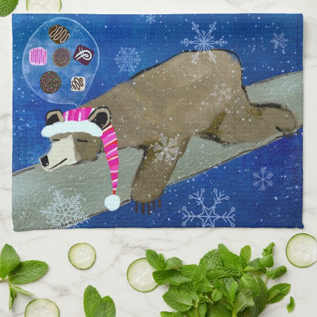 Cute Sleeping Bear with Sugarplums Tea Towel (Folded)