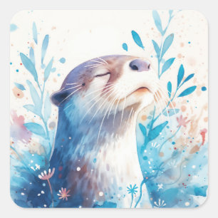 Cute Sleeping Blue Baby Otter in Floral Garden Square Sticker