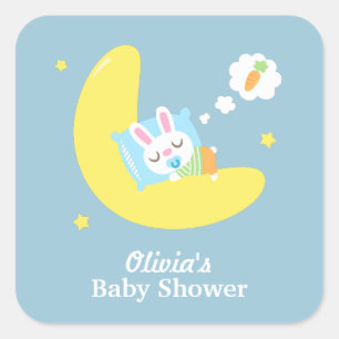 Cute Sleeping Bunny on Moon Baby Shower Square Sticker