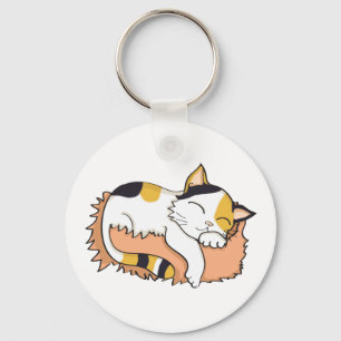 Cute Sleeping Calico Cat Key Ring