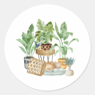Cute Sleeping Cat and House Plants  Classic Round Sticker