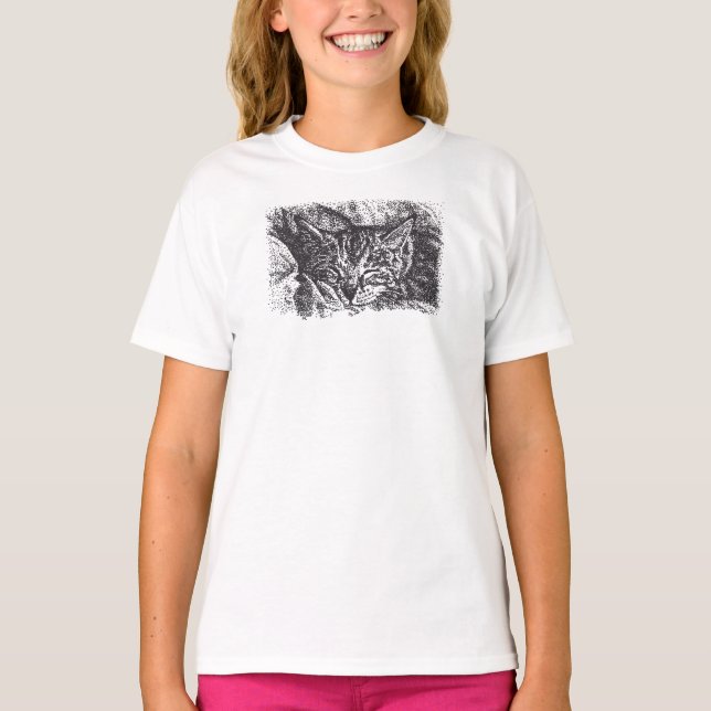 Cute Sleeping Cat Drawing T-Shirt (Front)