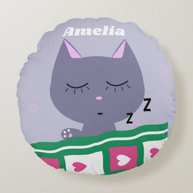 Cute Sleeping Cat in Bed Personalised Round Cushion (Front)