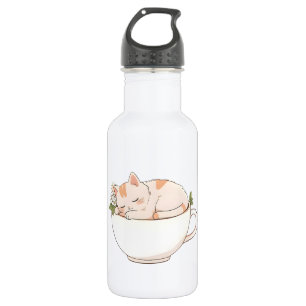 Cute Sleeping Cat in Teacup Kawaii Design 532 Ml Water Bottle
