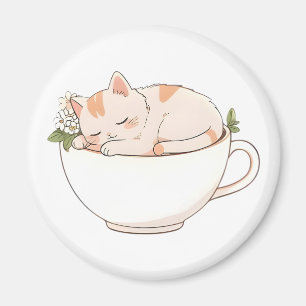 Cute Sleeping Cat in Teacup Kawaii Design Magnet
