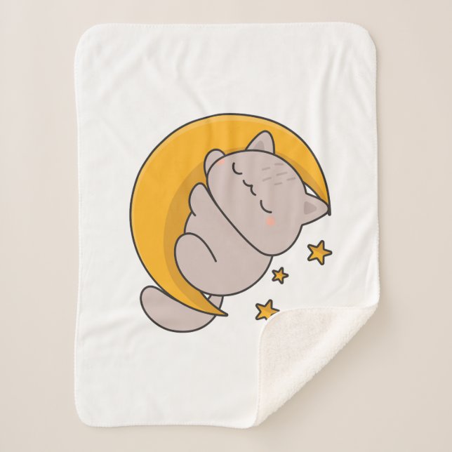 Cute Sleeping Cat on Crescent Moon Sherpa Blanket (Front)