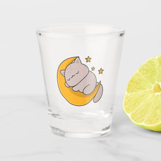 Cute Sleeping Cat on Crescent Moon Shot Glass (Front)