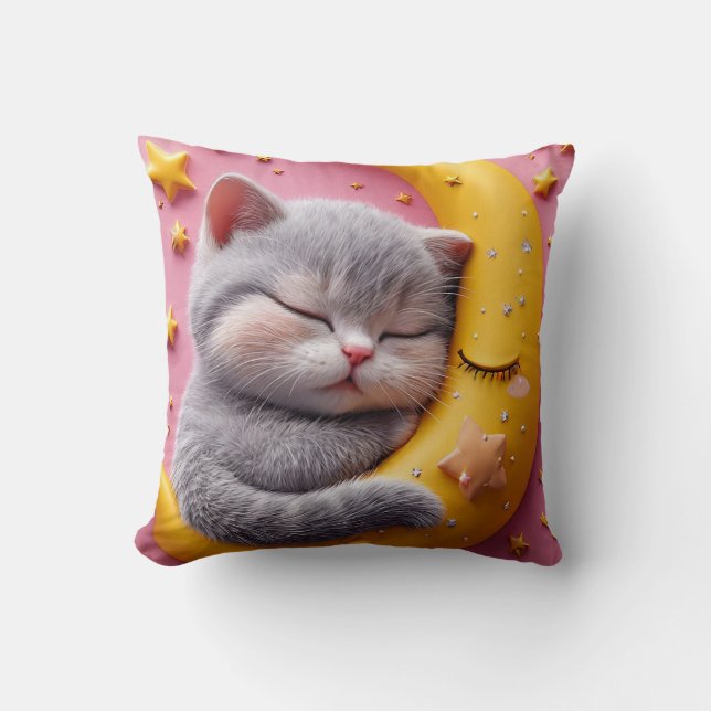 Cute Sleeping Cat on Moon Nursery Cushion (Front)
