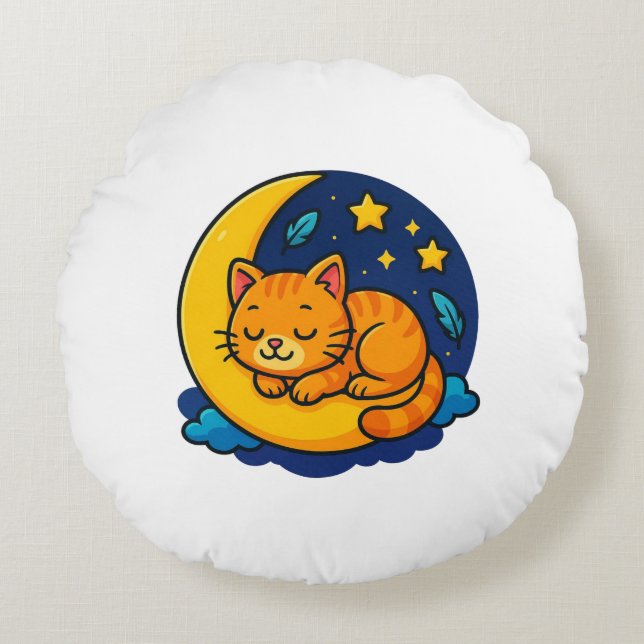 Cute Sleeping Cat on Moon Round Pillow –  (Front)