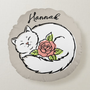 Cute Sleeping Cat Pink Rose Custom Name Girls Round Cushion