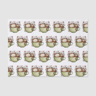 Cute Sleeping Cat Teacup Polka Dot Floral Tissue Paper