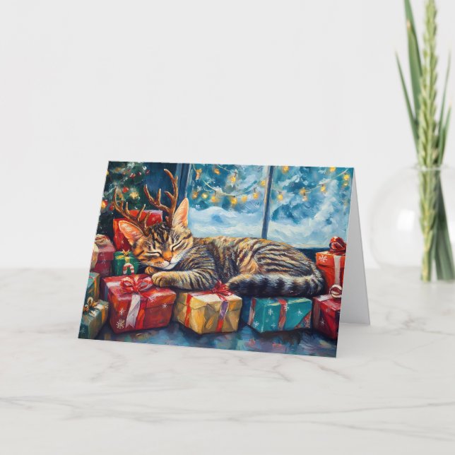 Cute Sleeping Cat Under Christmas Tree Holiday Card (Front)