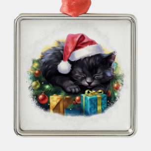 CUTE SLEEPING CHRISTMAS HOLIDAY BLACK KITTEN METAL TREE DECORATION