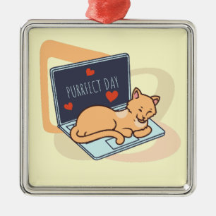 Cute sleeping computer cat metal tree decoration